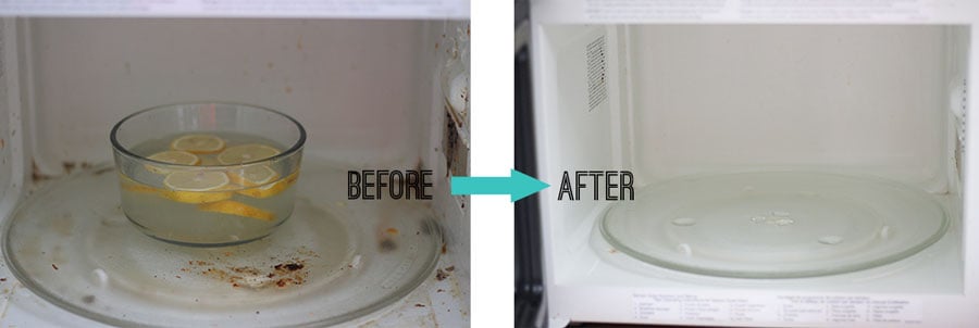 Before and after cleaning my microwave with an all natural microwave cleaning hack!