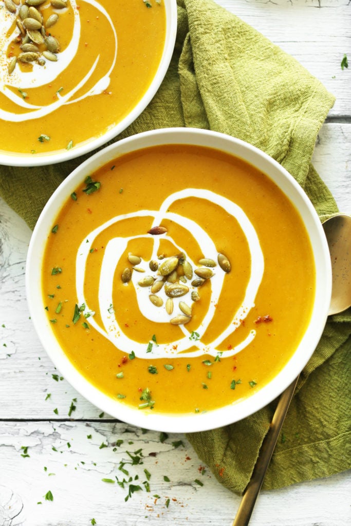 15 Creamy Vegan Soup Recipes; Curried butternut squash soup is packed with delicious flavor and spices