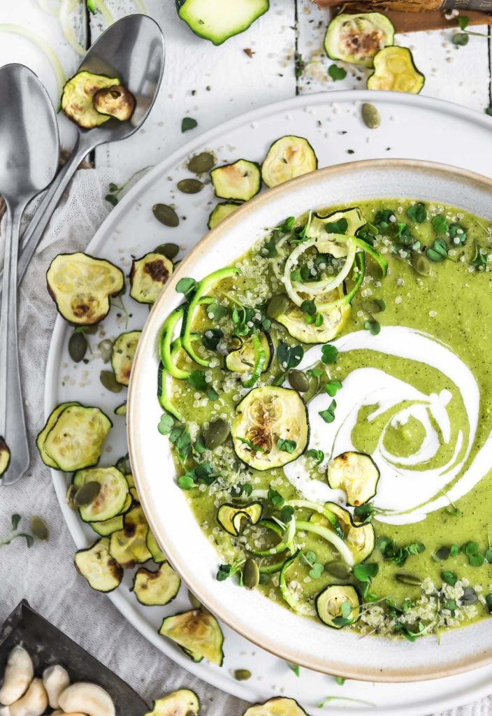 15 Creamy Vegan Soup Recipes; Creamy vegan cheese and zucchini soup is healthy and satisfying