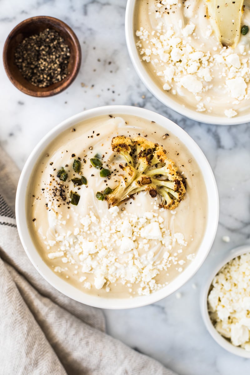 15 Creamy Vegan Soup Recipes; This spicy roasted cauliflower and jalapeno soup is warm and satisfying