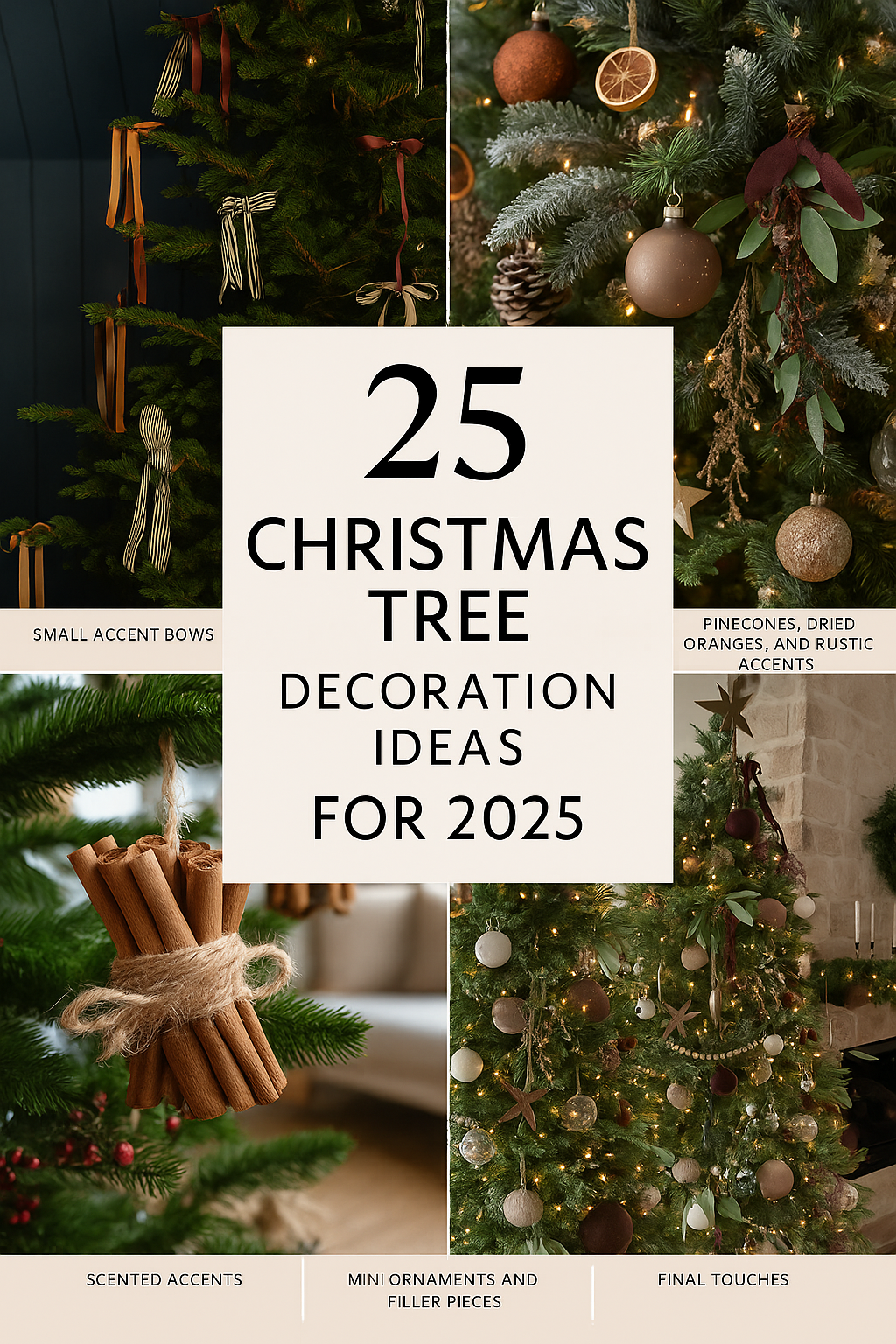 Pinterest collage featuring elegant Christmas tree ornament ideas, including trees decorated with gold and white ornaments, dried oranges, pinecones, and velvet ribbons in a cozy farmhouse setting. Text overlay reads 