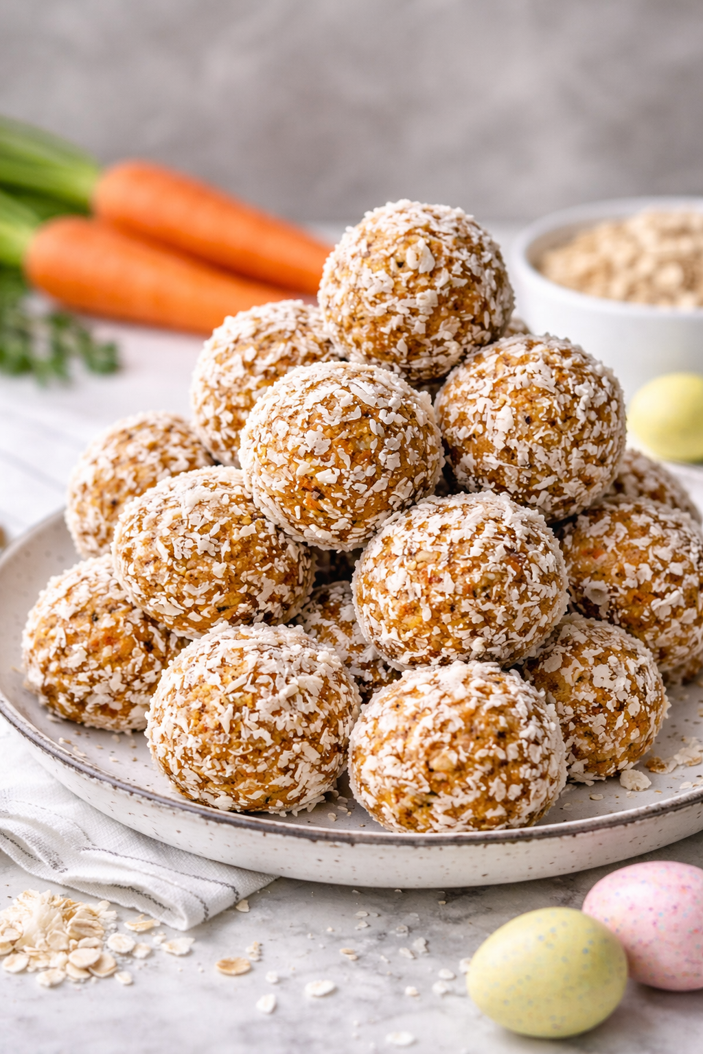 These healthy carrot cake energy bites are a no-bake Easter treat made with oats, shredded carrots, maple syrup, and coconut. Naturally sweetened and packed with fiber, they taste just like carrot cake but in a lighter, grab-and-go form. Perfect for Easter brunch, lunchboxes, or a healthier holiday snack option.