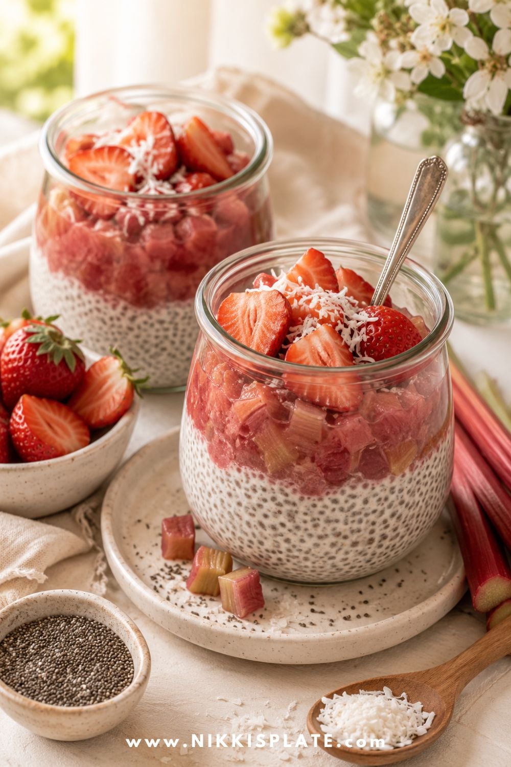 Strawberry rhubarb chia pudding in glass jars with fresh strawberries, rhubarb compote, shredded coconut, chia seeds, and rhubarb stalks.