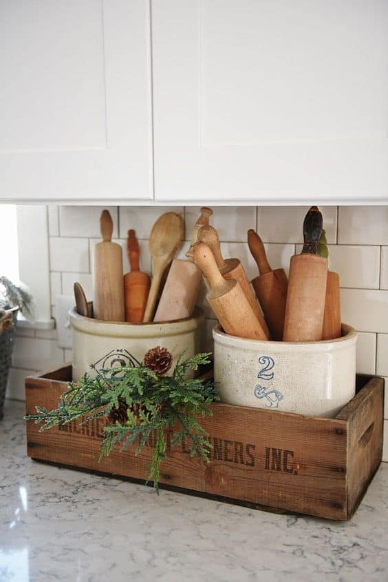 Tips for styling a farmhouse kitchen; rolling pin organization, wood spoon holder