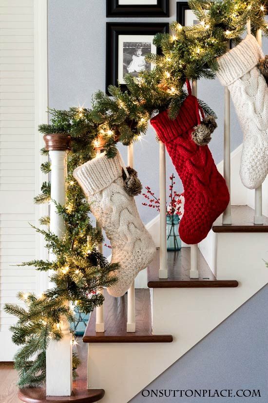 Where to Hang Stockings if You Don't Have a Fireplace; Christmas Decorations, stockings on stairs