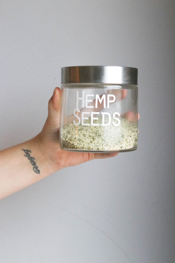 Pantry Organization with Large Labels;  Hemp Seeds, clear jar, small jar, silver lid