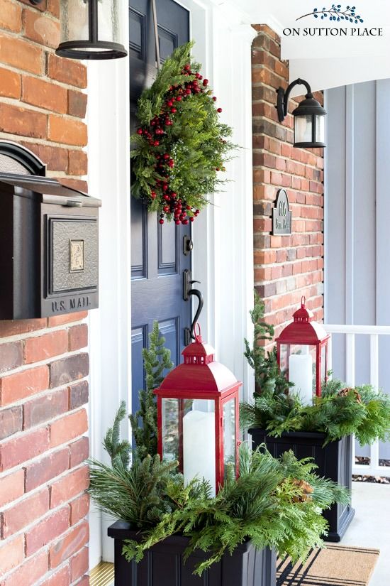 Simple Winter Front Porch Decor Ideas; ways to decorate your front door and home entrance this season! red lanterns