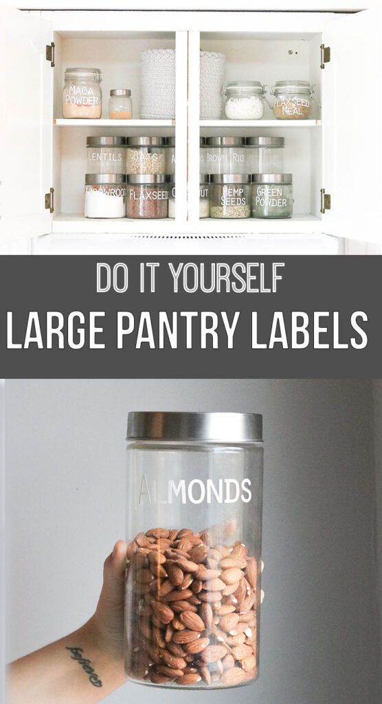 Pantry Organization with Large Labels; Cricut labels, white vinyl label, white decal, organized pantry, clear jar, small jar, silver lid