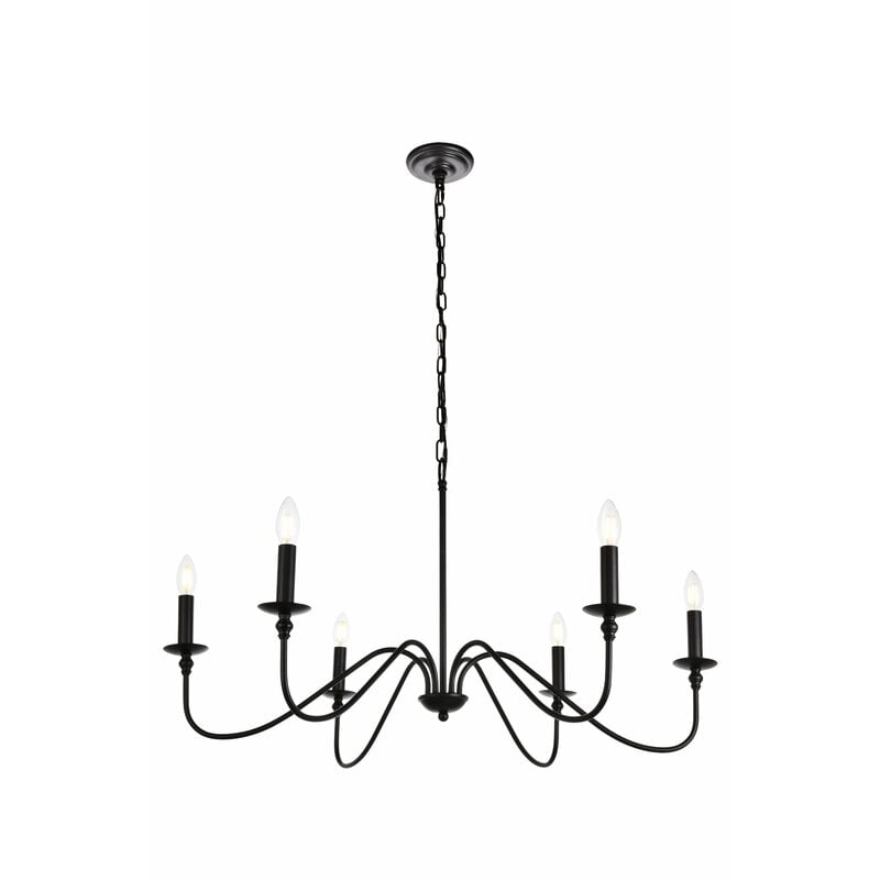 Farmhouse living room on a budget; black chandelier from Wayfair