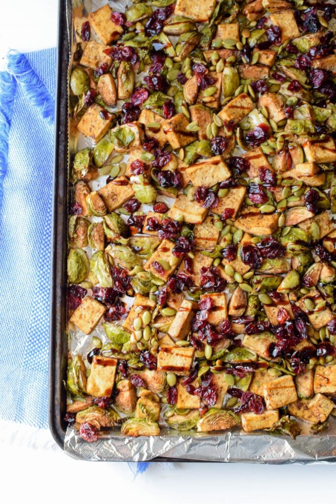 Sheet Pan Meals for Fast Weight Loss; Tofu cranberry Brussel sprouts