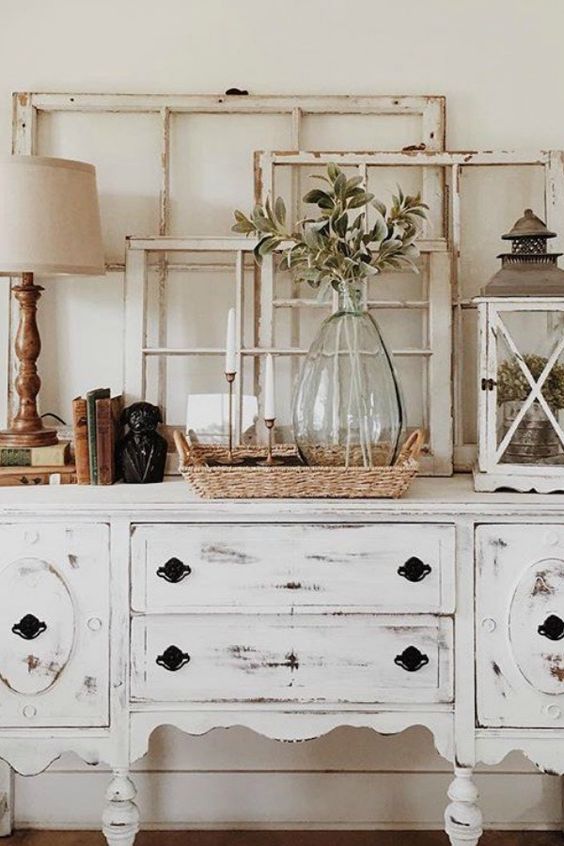 FarmHouse Living Room on a Budget; antiques, white dresser, old window frames