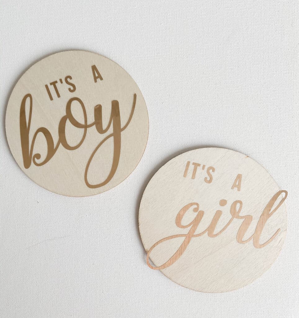 DIY Wooden Birth Announcement Signs; Wood discs with "It's A Boy" and "It's A Girl". Made with Cricut machine but can be made without! 