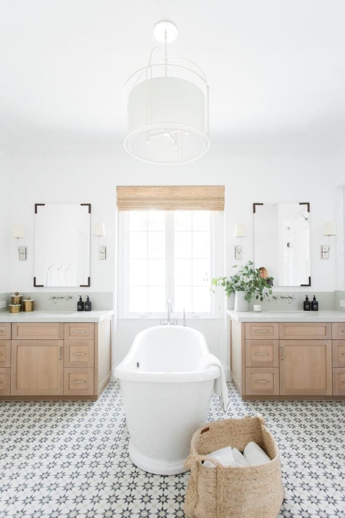 Bathrooms by Studio McGee; oak vanity, pine vanity, white bathroom, marble, geometric tile