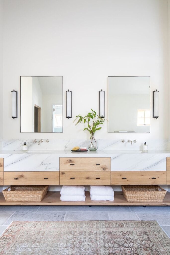 Oak vanity, square mirror, marble countertops, white bathroom, minimalist bathroom; Studio McGee Bathrooms 