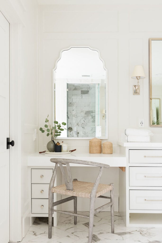 Bathrooms by Studio McGee; white vanity, girly, marble