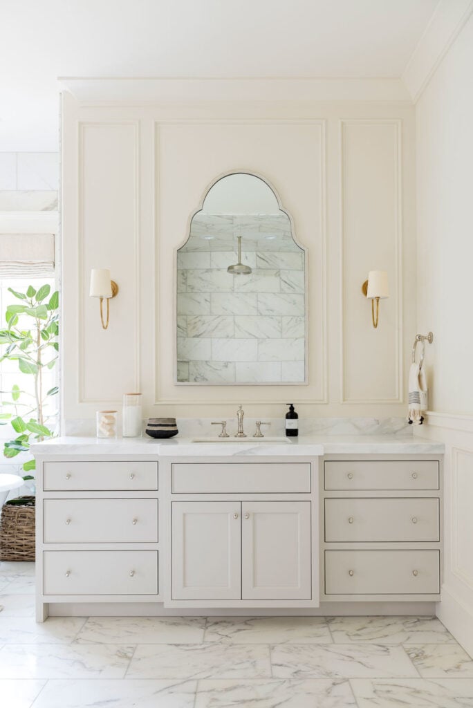 Bathrooms by Studio McGee; elegant bathroom, luxury bathroom, marble, large vanity, cream vanity