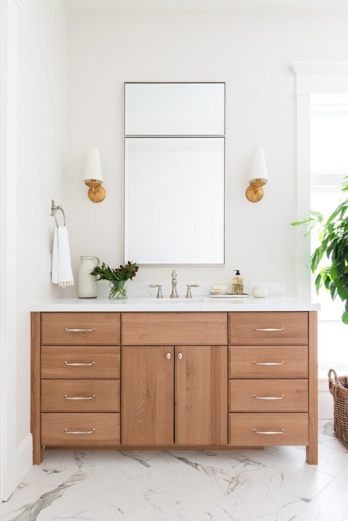 Bathrooms by Studio McGee; Pine vanity, white bathroom