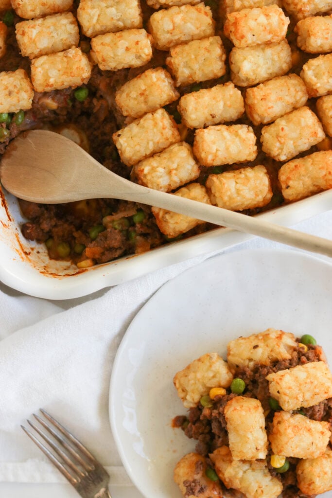 Dairy Free Tater Tot Casserole; Healthy version of the tater tot casserole! Lower calorie and no cheese or dairy used. Hearty dinner dish.