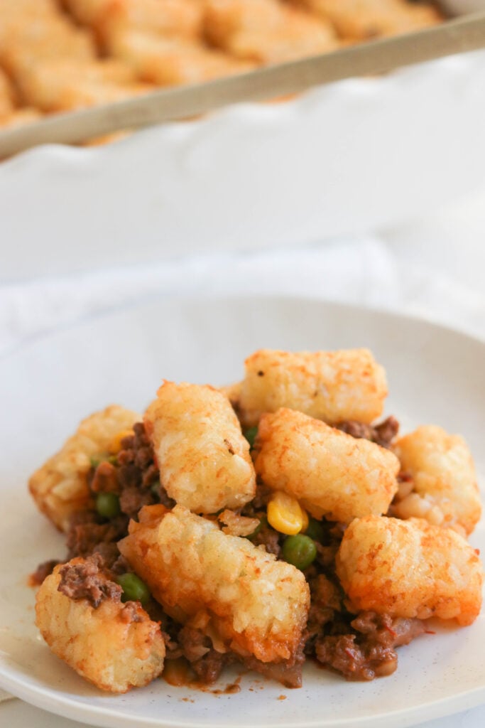 Dairy Free Tater Tot Casserole; Healthy version of the tater tot casserole! Lower calorie and no cheese or dairy used. Hearty dinner dish.