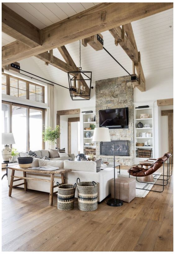 Modern Farmhouse Design Must haves: wood beams, stone fireplace