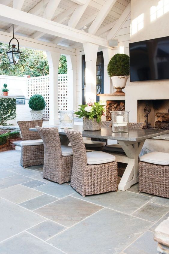 Tips for Styling your Deck this Summer; dining furniture, outdoor table and chairs, outdoor fireplace, green blue tile