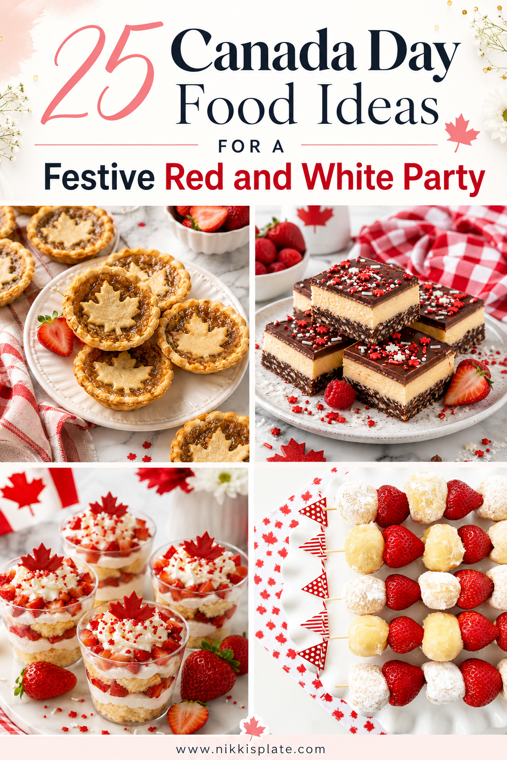Looking for festive Canada Day food ideas? These 25 red and white party recipes include easy desserts, drinks, appetizers, and snacks for a July 1st BBQ, picnic, potluck, or backyard celebration. Save these Canada Day recipes for a fun and festive red and white party!