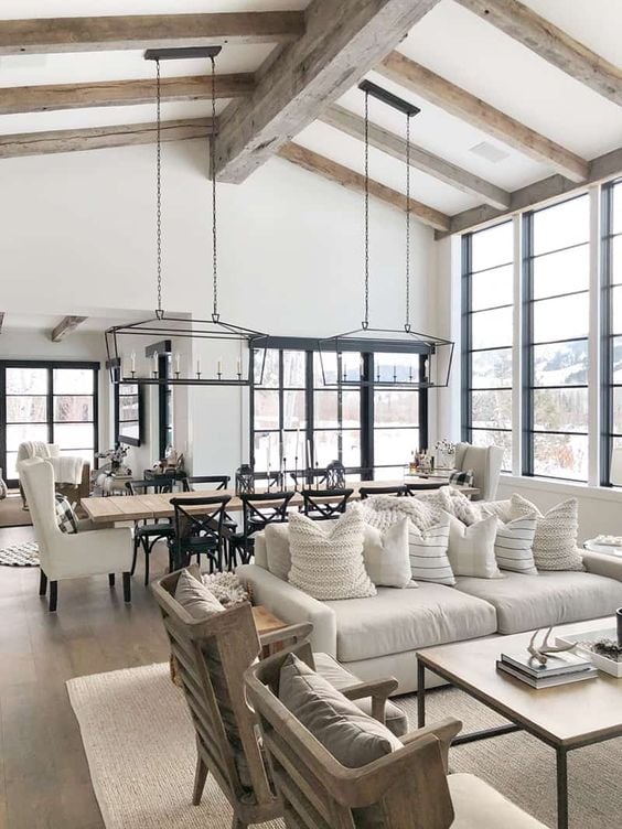 Modern Farmhouse Design Must haves: open concept, living room, dining room, large window, family room 