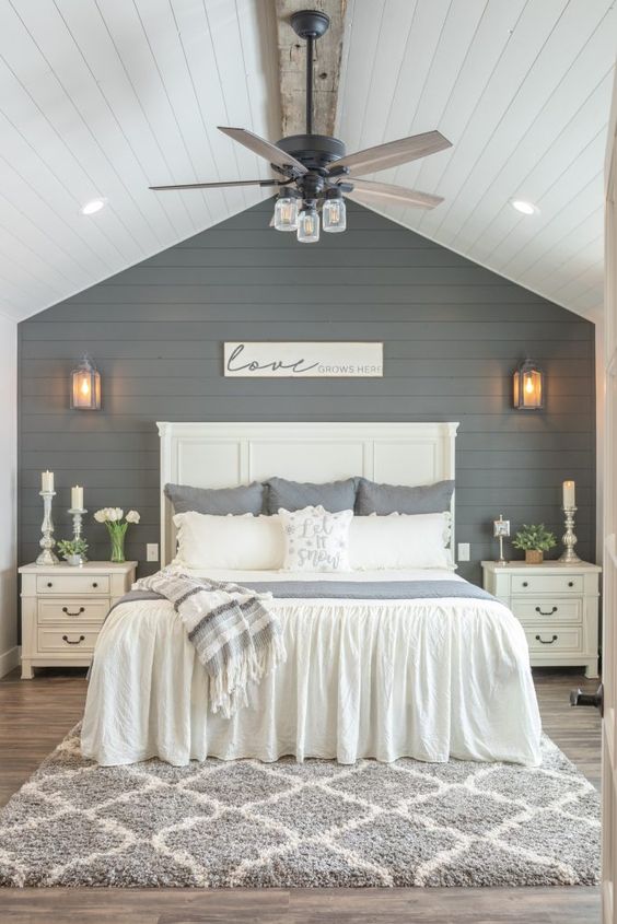Modern Farmhouse Design Must haves: shiplap, bedroom, linen, candles, blue shiplap, blue accent wall