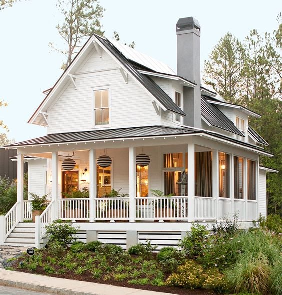 White Modern Farmhouse Exterior, wrap around porch, small windows - 11 Beautiful Modern Farmhouse Exteriors; here are several country farmhouses that are sleek with character and rustic charm.