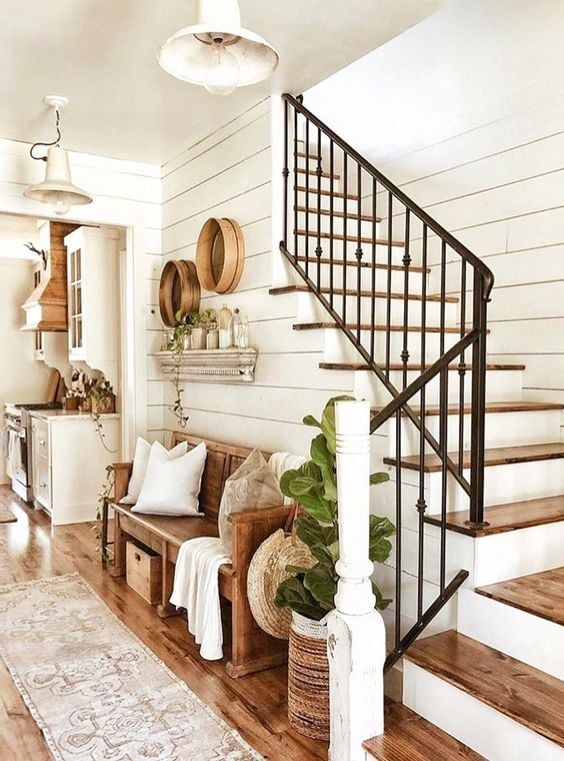 Modern Farmhouse Design Must haves: rustic decor, staircase, white shiplap, entry way, entryway storage ideas