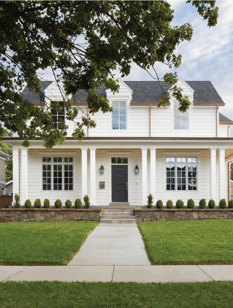 11 Beautiful Modern Farmhouse Exteriors:  white modern farm house, black trim windows, large front porch