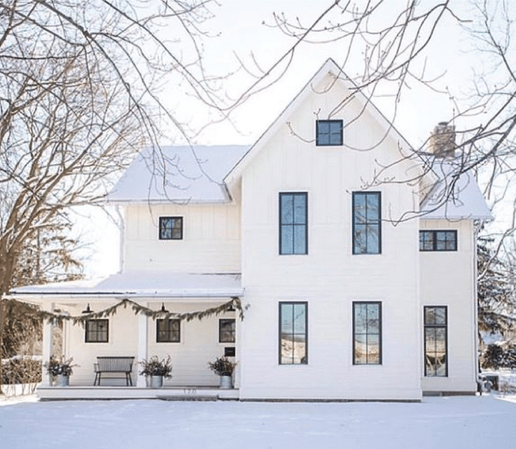 11 Beautiful Modern Farmhouse Exteriors: white modern farm house, black trim windows, large front porchwhite modern farm house, black trim windows, large front porch