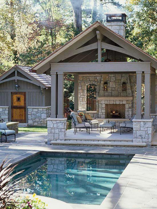 large open pool house, outdoor living, pool side, backyard pool shelter, white pool house, stone