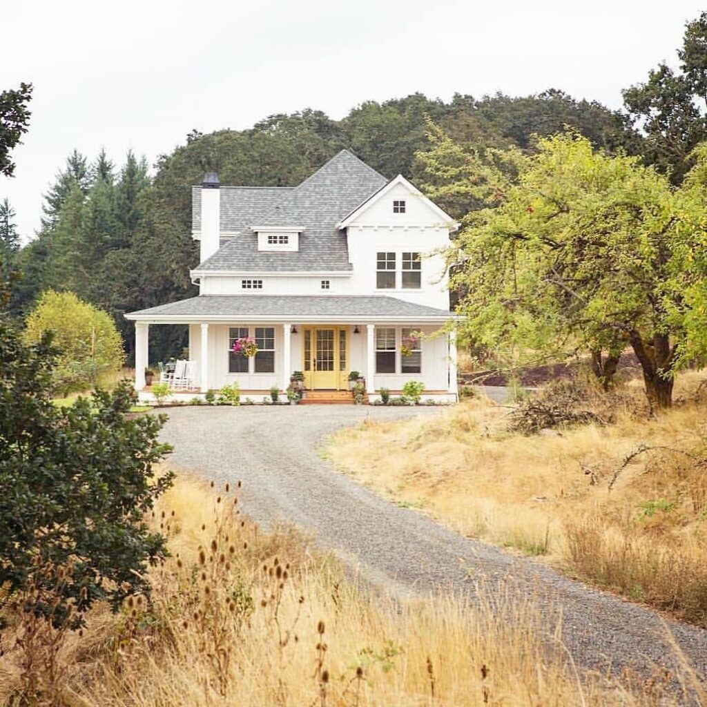 Old White Modern Farmhouse Exterior, long driveway, wrap around porch - 11 Beautiful Modern Farmhouse Exteriors; here are several country farmhouses that are sleek with character and rustic charm.