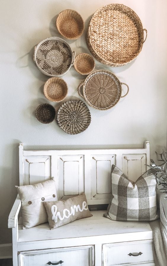 Behind Couch Decor Ideas for Your Living Room; basket wall collage, bohemian, boho decor ideas
