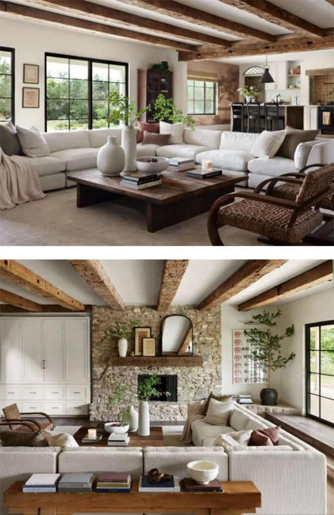 Best NEW Living Rooms by Joanna Gaines from Fixer Upper; rustic living, Mediterranean decor, white sectional, wood beams, arched door  