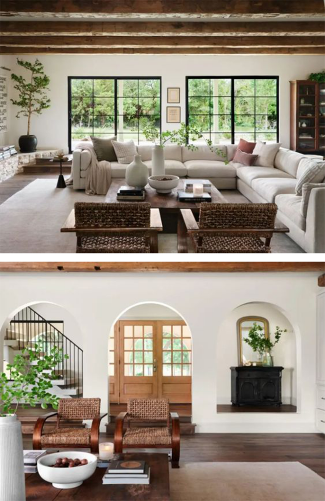 Best NEW Living Rooms by Joanna Gaines from Fixer Upper; rustic living, Mediterranean decor, white sectional, wood beams, arched door