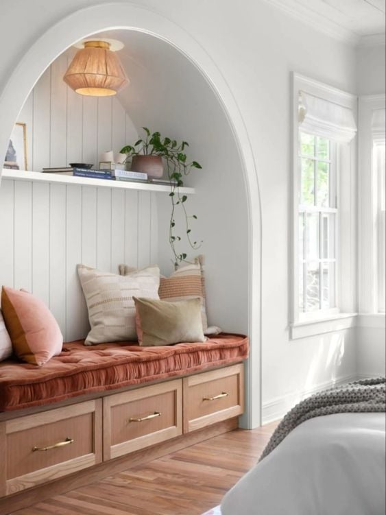 Best NEW Living Rooms by Joanna Gaines from Fixer Upper; reading nook, built in bench with storage in closet area