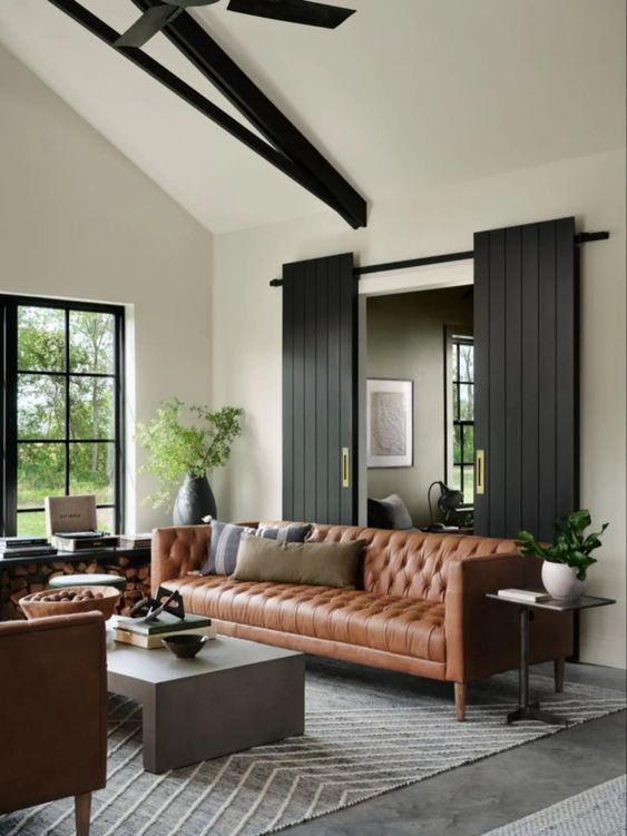 Best NEW Living Rooms by Joanna Gaines from Fixer Upper; leather couch, barn doors, black beam
