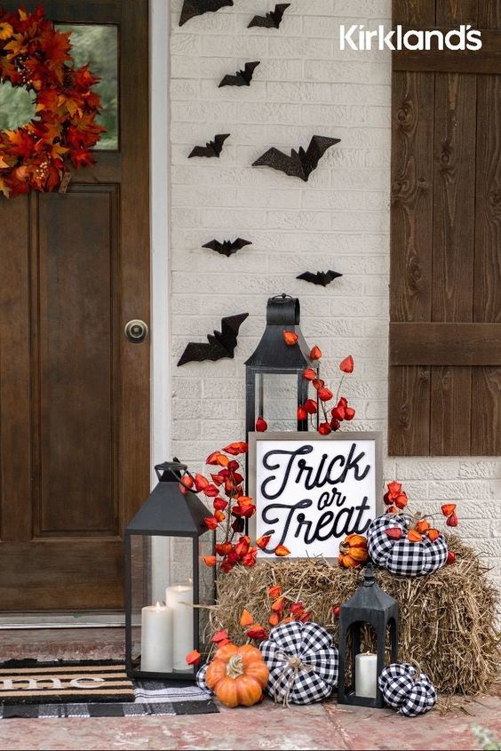 Fall Porch Decor Must Haves; lanterns, bats, trick or treat