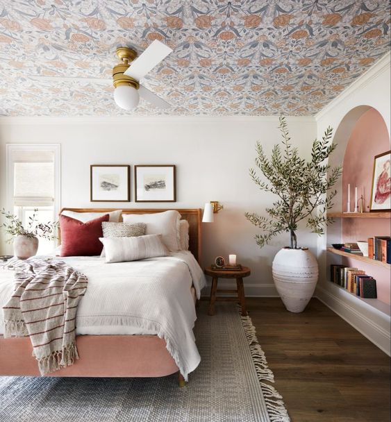 Best NEW bedrooms by Joanna Gaines from Fixer Upper; pink bedroom, pink bed, girly master bedroom, large olive tree