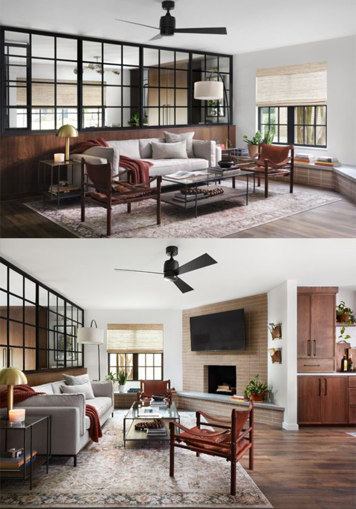 Best NEW Living Rooms by Joanna Gaines from Fixer Upper; dark grey fireplace, shiplap, leather couch, shelves, wood accents