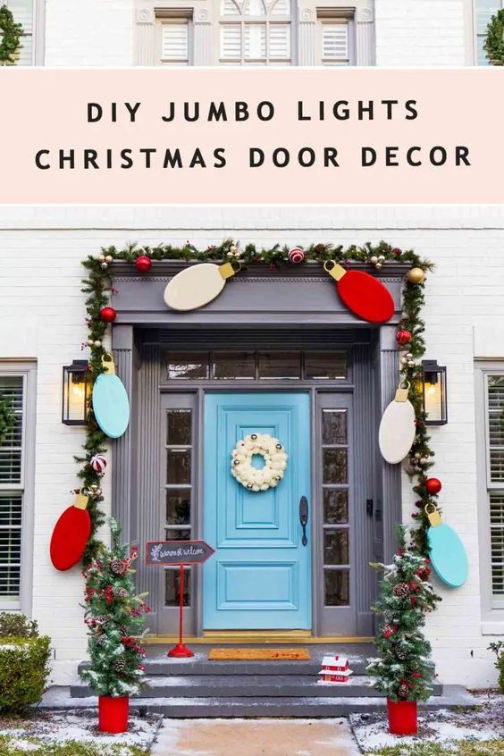 Simple Christmas Front Porch Decor Ideas; large lights, blue door, front door decor, festive decor, outside decor