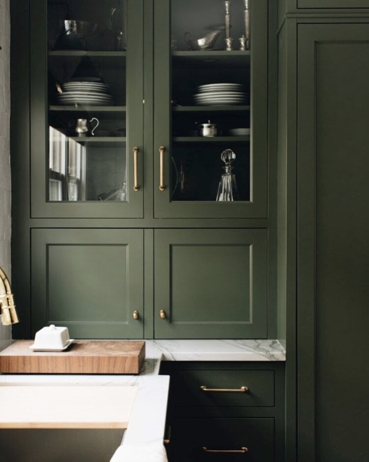 9 Pretty Green Kitchens; green cabinets, marble counters, olive green kitchen, olive cabinets, Eden Green by Stoffer Home.