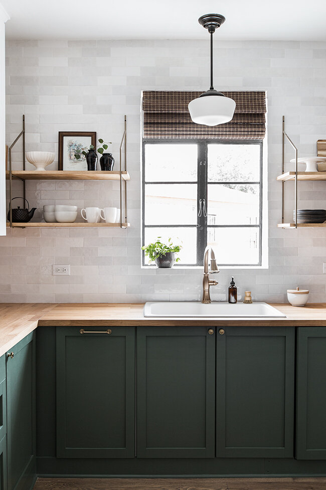 9 Pretty Green Kitchens; wood countertops, white backsplash, open shelves, window over sink, farmhouse kitchens,  Peale Green by benjamin moore