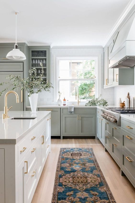 9 Pretty Green Kitchens; green cabinets, marble counters,