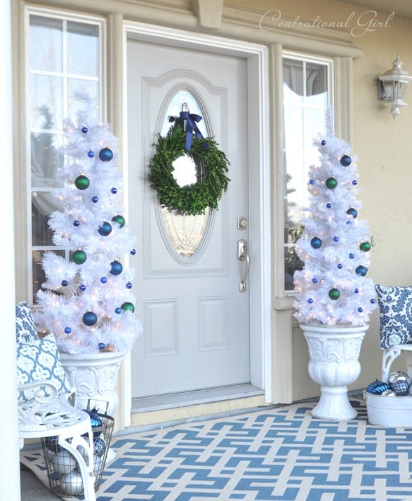Simple Christmas Front Porch Decor Ideas; white christmas tree, white decor, white and blue christmas decor