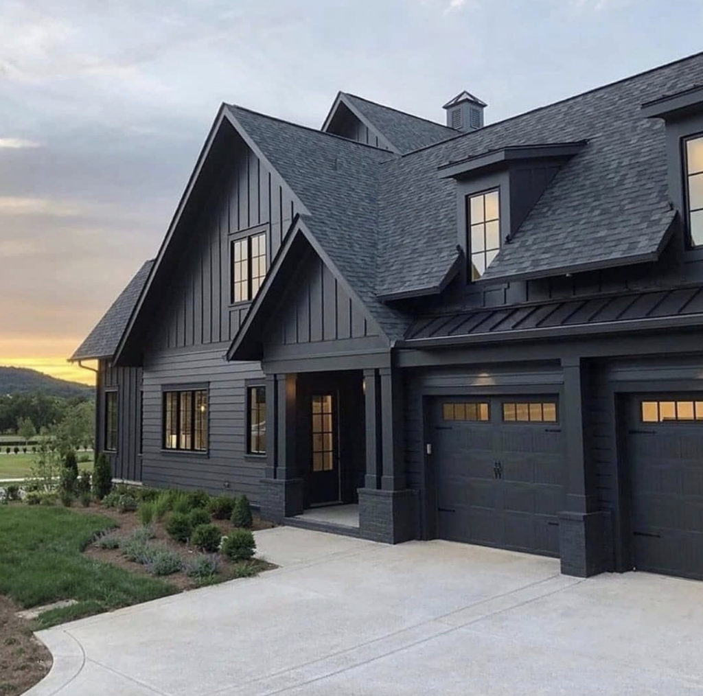 Beautiful Farmhouse Front Porches; black exterior, black siding, black garage doors
