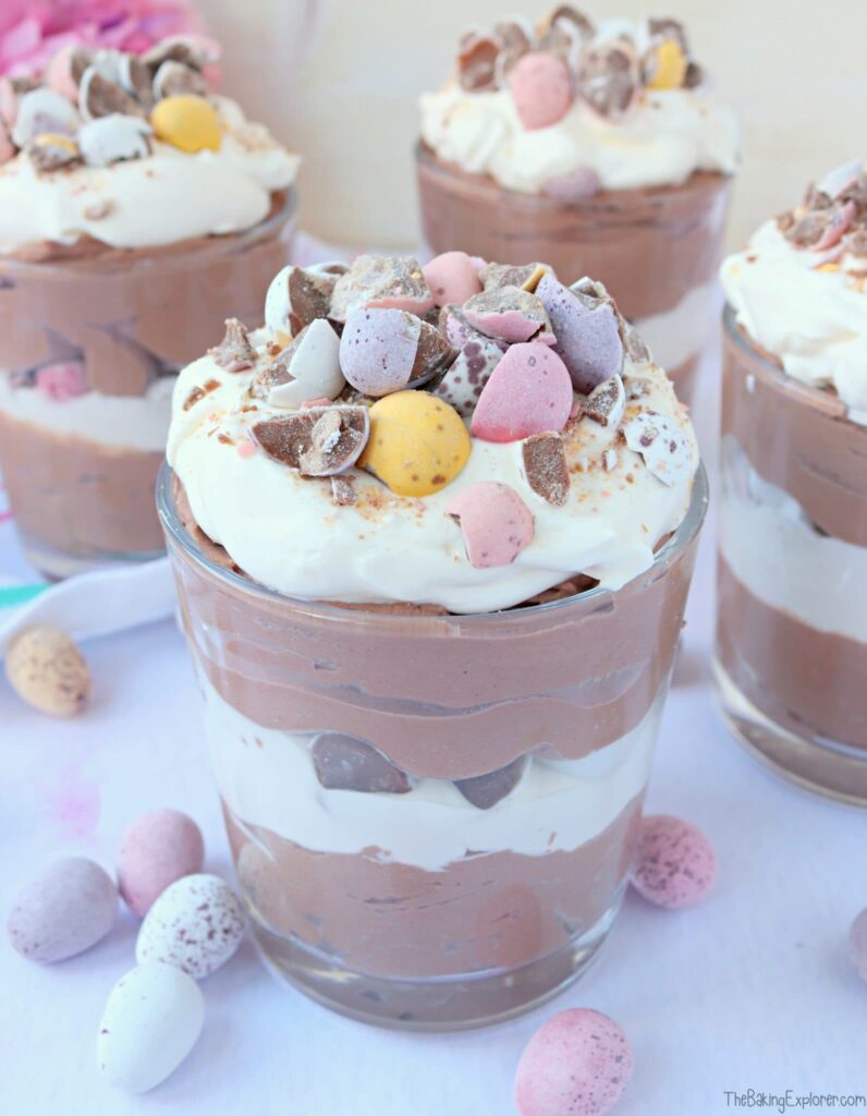 Mini egg dessert pots- 25 Creative Leftover Mini Eggs Recipes to Try This Easter; delicious and sweet recipes using extra Cadbury mini eggs - Baked goods, sweets, and cakes! 
