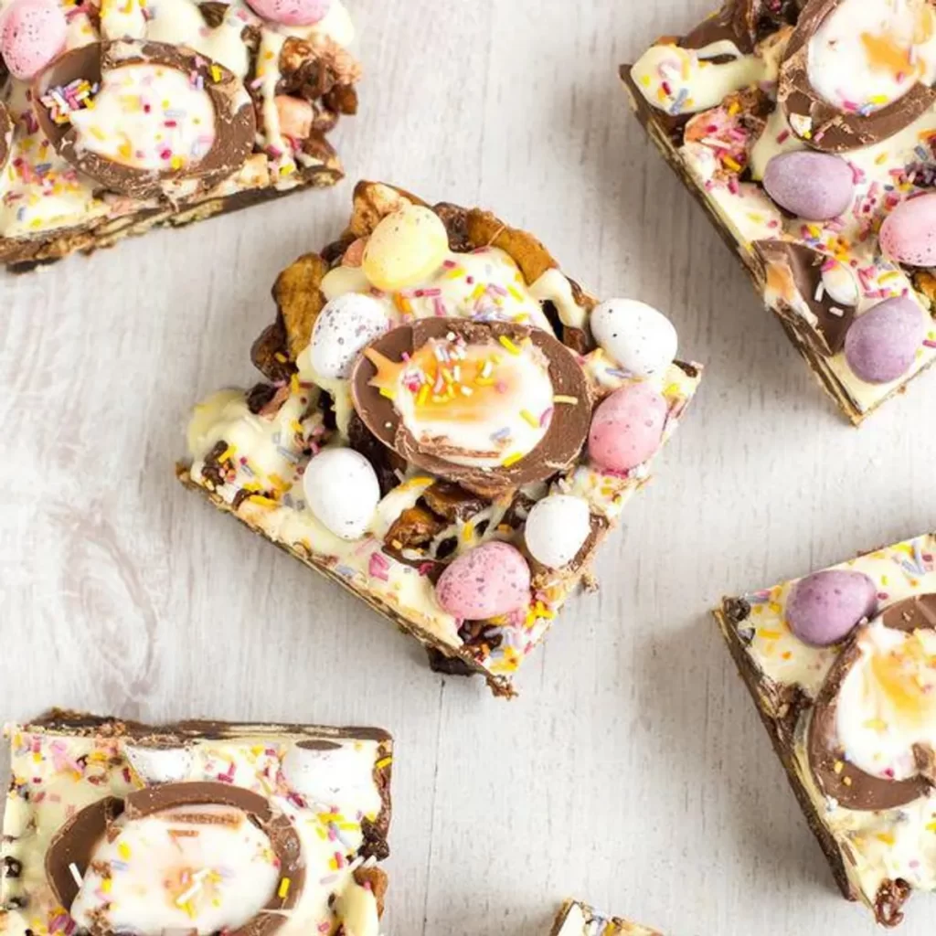 Cadbury Creme Eggs Rocky Road Bar - 25 Creative Leftover Mini Eggs Recipes to Try This Easter; delicious and sweet recipes using extra Cadbury mini eggs - Baked goods, sweets, and cakes!